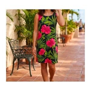 Chicos Travelers Shift Dress Size 2 Large Women's Tropical Hibiscus Palm Leaf